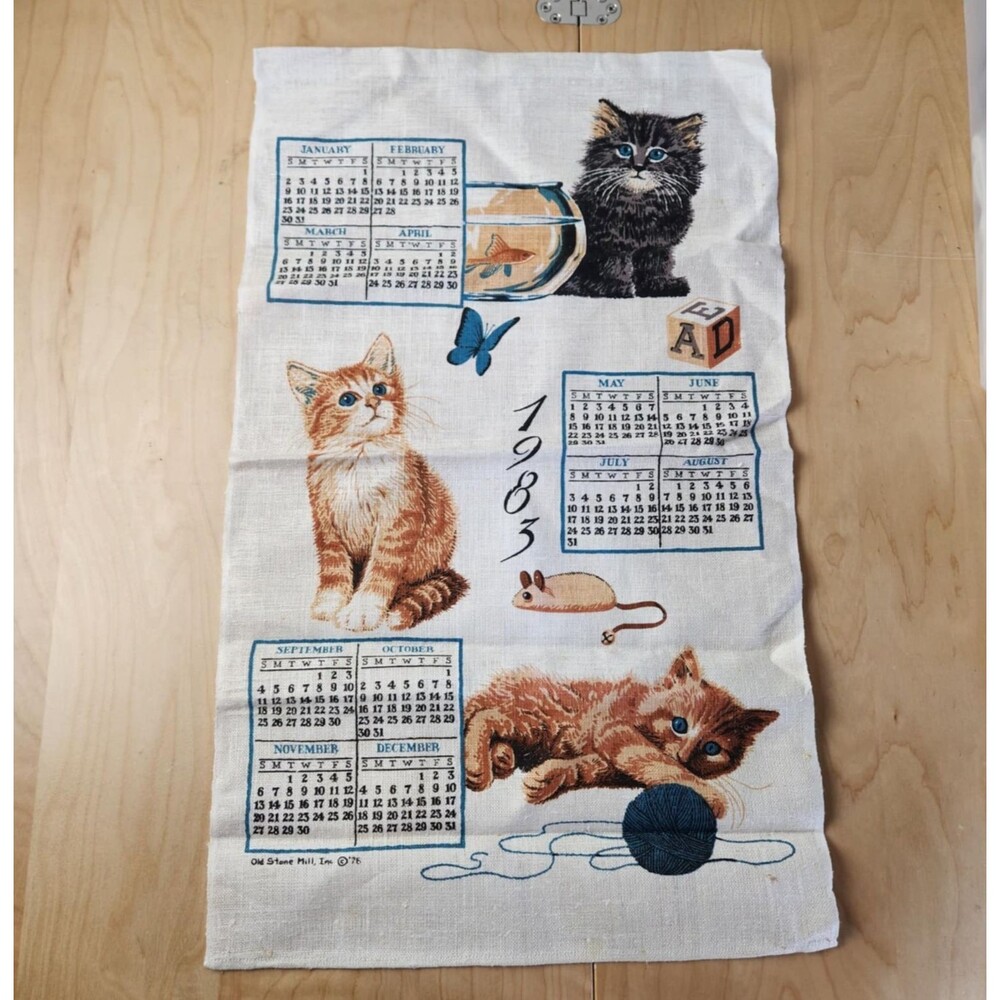 Vtg 1983 Kittens Cats Linen Cloth Wall Calendar Hanging Kitchen Wall Decor